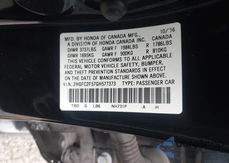 2016 Honda Civic Lx z USA, uszkodzony, nr VIN 2HGFC2F57GH577373